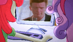 Size: 1256x720 | Tagged: safe, edit, edited screencap, screencap, apple bloom, sweetie belle, equestria girls, g4, my little pony equestria girls, animated, be amazed, computer, female, meme, never gonna give you up, rick astley, rickroll, the crusaders browse the internet, youtube, youtube link