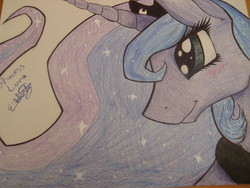 Size: 3072x2304 | Tagged: safe, artist:caekmonstr, princess luna, g4, blushing, bust, female, smiling, solo, traditional art