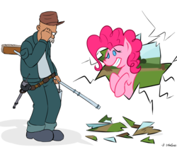 Size: 1500x1250 | Tagged: safe, artist:thekuto, pinkie pie, earth pony, human, pony, g4, clothes, crossover, duo, female, fourth wall, futurama, janitor, male, mare, scruffy, simple background, transparent background