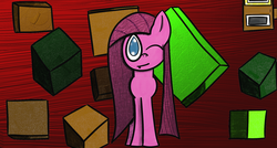 Size: 1600x860 | Tagged: safe, artist:invdrshadowpony, pinkie pie, earth pony, pony, g4, abstract background, block obsessed pinkamena, blocks, cute, female, lineart, looking at you, pinkamena diane pie, solo, tongue out, wink