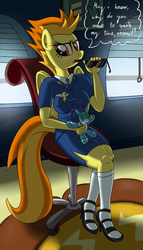 Size: 800x1400 | Tagged: safe, artist:ziemniax, soarin', spitfire, anthro, g4, clothes, female, plushie, skirt, skirt suit, solo, spitfire's office, suit, uniform, wonderbolts dress uniform