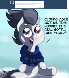 Size: 1280x1453 | Tagged: safe, artist:cosmonaut, rumble, pegasus, lets ask rumble, g4, clothes, cloud, colt, cute, foal, happy, hoodie, hooves in pockets, male, open mouth, shirt, sitting, solo, sweatshirt, tumblr