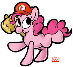 Size: 550x500 | Tagged: dead source, safe, artist:srsishere, pinkie pie, g4, cap, clothes, cosplay, costume, cute, diapinkes, female, hammer, hat, mario, mario's hat, missing cutie mark, mouth hold, paper mario, solo, style emulation, super mario bros.