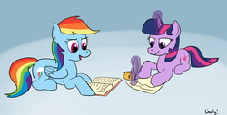 Size: 1642x835 | Tagged: safe, artist:rapidstrike, rainbow dash, twilight sparkle, g4, duo, reading, studying