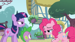 Size: 854x480 | Tagged: safe, edit, edited screencap, screencap, pinkie pie, spike, twilight sparkle, dragon, earth pony, pony, unicorn, g4, caption, female, male, mare, prostitute, prostitution, youtube caption