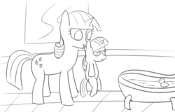 Size: 711x455 | Tagged: safe, artist:tggeko, twilight sparkle, twilight velvet, g4, bath, filly, filly twilight sparkle, forced bathing, monochrome, mother and daughter, mothers gonna mother, twilight sparkle is not amused