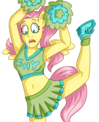 Size: 800x987 | Tagged: safe, artist:catlikeacat, fluttershy, human, equestria girls, g4, armpits, belly button, cheerleader, cheerleader outfit, clothes, eared humanization, female, flexible, humanized, midriff, pom pom, shoes, simple background, skirt, sneakers, solo, tail, tailed humanization, transparent background, winged humanization, wings