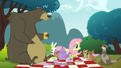 Size: 854x480 | Tagged: safe, screencap, angel bunny, fluttershy, harry, squirrel, g4, youtube caption