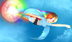 Size: 1024x606 | Tagged: safe, artist:f-l-u-t-t-e-r-shy, rainbow dash, human, g4, female, flying, humanized, solo, sonic rainboom, winged humanization