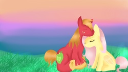Size: 3720x2100 | Tagged: safe, artist:f-l-u-t-t-e-r-shy, big macintosh, fluttershy, earth pony, pony, g4, male, ship:fluttermac, shipping, size difference, stallion, straight