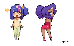 Size: 593x372 | Tagged: safe, artist:doxy, rarity, twilight sparkle, human, animated, blushing, clothes, dark skin, duo, eyes closed, eyeshadow, female, high heels, horned humanization, humanized, looking at you, looking back, looking back at you, makeup, open mouth, pixel art, shoes, simple background, white background