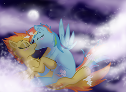 Size: 700x512 | Tagged: safe, artist:cat4lyst, artist:coyoterainbow, rainbow dash, spitfire, pegasus, pony, g4, blushing, duo, eyes closed, female, kiss on the lips, kissing, lesbian, mare, moon, night, ship:spitdash, shipping