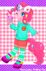 Size: 519x800 | Tagged: safe, artist:divided-s, pinkie pie, earth pony, semi-anthro, ask harajukupinkiepie, g4, bow, clothes, cupcake, decora, female, food, hair bow, harajuku, solo