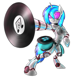 Size: 1187x1232 | Tagged: safe, artist:northernsprint, dj pon-3, vinyl scratch, robot, unicorn, anthro, g4, action pose, arm hooves, armpits, breasts, female, foreshortening, machine, record, simple background, solo, white background