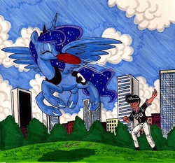 Size: 1280x1192 | Tagged: safe, artist:newyorkx3, princess luna, human, g4, city, doggy luna, frisbee, self insert, traditional art