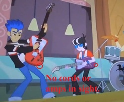 Size: 869x713 | Tagged: safe, screencap, flash sentry, ringo, equestria girls, g4, my little pony equestria girls, background human, band, drums, error, guitar, helping twilight win the crown, musical instrument