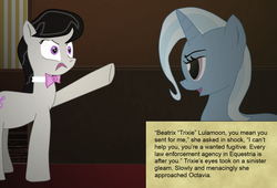 Size: 1559x1059 | Tagged: safe, artist:fatponysketches, part of a set, octavia melody, trixie, g4, meurtrier manor, part of a series, writer:aharon l'anglais
