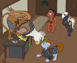 Size: 1024x835 | Tagged: safe, artist:onlywho, oc, oc only, oc:calamity, oc:gawdyna grimfeathers, oc:littlepip, oc:velvet remedy, griffon, pegasus, pony, unicorn, fallout equestria, armor, battle saddle, clothes, cowboy hat, dashite, eye contact, eyes closed, facehoof, fanfic, fanfic art, female, floppy ears, fluttershy medical saddlebag, frown, glare, glowing horn, gun, hat, hooves, horn, jumpsuit, junction r-7, levitation, lockpicking, magic, male, mare, medical saddlebag, pipboy, pipbuck, poster, rifle, saddle bag, safe (object), stallion, table, telekinesis, vault suit, weapon, wings