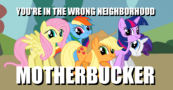 Size: 1109x582 | Tagged: safe, applejack, fluttershy, rainbow dash, rarity, twilight sparkle, g4, meme, twiface, wrong neighborhood