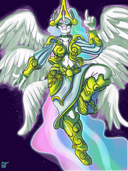 Size: 2499x3333 | Tagged: dead source, safe, artist:fauxsquared, princess celestia, alicorn, seraph, seraphicorn, anthro, g4, asura's wrath, clothes, female, high res, multiple wings, solo