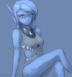 Size: 670x715 | Tagged: safe, artist:grissaecrim, princess luna, elf, anthro, g4, 30 minute art challenge, ambiguous facial structure, clothes, female, one-piece swimsuit, s1 luna, shark swimsuit