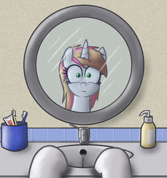 Size: 825x882 | Tagged: safe, artist:paper-pony, oc, oc only, oc:rosy stripes, pony, unicorn, fanfic:first pony view, fanfic, fanfic art, faucet, female, hooves on the table, human to pony, looking at you, male to female, mare, mirror, post-transformation, pov, reflection, sink, soap, solo, toothbrush, toothpaste, transformation, transgender transformation, worried