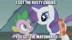 Size: 600x336 | Tagged: safe, edit, edited screencap, screencap, rarity, spike, dragon, pony, unicorn, a dog and pony show, g4, caption, female, harness, image macro, male, mare, meme, noodle impliments, rarity's bad pickup lines, ship:sparity, shipping, straight, tack