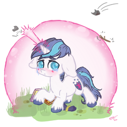 Size: 1000x1000 | Tagged: safe, artist:otterlore, shining armor, g4, bag, barrier, blushing, book, bullying, colt, crying, cute, dice bag, floppy ears, force field, magic, male, rock, sad, simple background, solo, stick, throwing, white background, younger