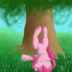 Size: 1500x1500 | Tagged: safe, artist:cheezbergur, pinkie pie, g4, female, grass, on back, sleeping, solo, summer, upside down