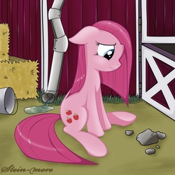 Size: 2000x2000 | Tagged: safe, artist:stein-more, pinkie pie, g4, barn, female, pinkamena diane pie, rock, sad, sitting, solo, swapped cutie marks