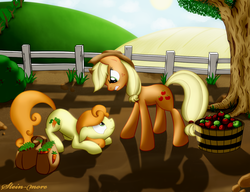 Size: 1300x1000 | Tagged: safe, artist:stein-more, applejack, carrot top, golden harvest, g4, angry, apple, basket, carrot, scared