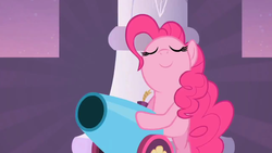 Size: 1600x900 | Tagged: safe, screencap, pinkie pie, g4, sweet and elite, cannon, female, party cannon, solo