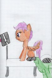 Size: 2190x3300 | Tagged: safe, artist:amsol, scootaloo, g4, bed, blanket, broken leg, traditional art, x-ray, x-ray picture