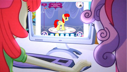 Size: 719x410 | Tagged: safe, edit, edited screencap, screencap, apple bloom, sweetie belle, equestria girls, g4, my little pony equestria girls, computer, duo, fabulous pony maker, hubworld, meme, the crusaders browse the internet