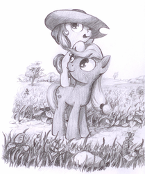 Size: 879x1053 | Tagged: safe, artist:cannibalus, apple bloom, applejack, earth pony, pony, g4, accessory swap, grayscale, monochrome, sisters, traditional art
