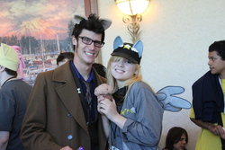 Size: 1024x683 | Tagged: safe, artist:eillahwolf, derpy hooves, doctor whooves, time turner, human, g4, convention, cosplay, doctor who, everfree northwest, everfree northwest 2013, irl, irl human, muffin, photo
