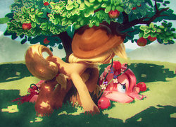 Size: 714x513 | Tagged: safe, artist:frali, applejack, pinkie pie, earth pony, pony, g4, female, floral head wreath, flower, pixiv, shade, tree