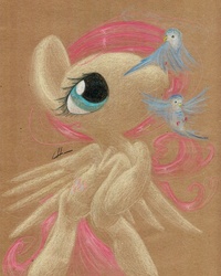 Size: 820x1024 | Tagged: safe, artist:getchanoodlewet, fluttershy, bird, g4, female, solo, traditional art
