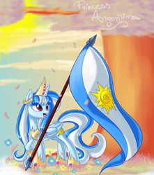 Size: 1361x1539 | Tagged: safe, artist:anthocat, oc, oc only, oc:princess argenta, alicorn, pony, argentina, flag, nation ponies, ponified, princess, royalty, solo