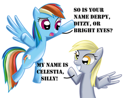 Size: 1420x1100 | Tagged: dead source, safe, artist:poisonicpen, derpy hooves, princess celestia, rainbow dash, pegasus, pony, g4, dialogue, duo, female, mare, name, simple background, white background