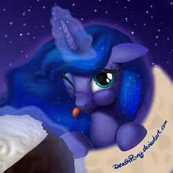 Size: 800x800 | Tagged: safe, artist:deathpwny, princess luna, g4, female, magic, moon, moon pie, solo, tongue out
