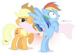 Size: 1095x780 | Tagged: safe, artist:dm29, applejack, rainbow dash, earth pony, pegasus, pony, g4, applejack is a spankaholic, duo, rearing, simple background, spanking, towel, towel snap, transparent background, wide eyes