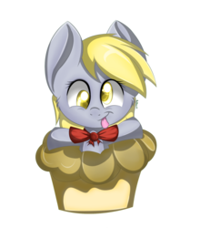 Size: 1024x1161 | Tagged: safe, artist:rufflemuff, derpy hooves, pegasus, pony, g4, bowtie, chibi, female, mare, muffin, solo