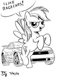 Size: 1190x1540 | Tagged: safe, artist:tomtornados, rainbow dash, mentally advanced series, g4, car, female, ford mustang, grayscale, monochrome, mustang, racecar, solo, supercar