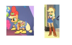 Size: 710x443 | Tagged: safe, edit, edited screencap, screencap, applejack, equestria girls, g4, suited for success, boots, clothes, comparison, cropped, dress, hat, shoes, skirt