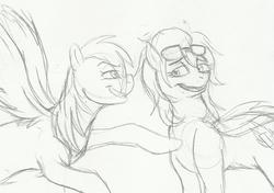 Size: 1441x1014 | Tagged: dead source, safe, artist:enigmaticfrustration, rainbow dash, spitfire, pegasus, pony, g4, female, goggles, lesbian, monochrome, ship:spitdash, shipping, sketch, traditional art