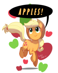 Size: 2641x3289 | Tagged: safe, artist:wicklesmack, applejack, g4, apple, female, food, jumping, looking up, one word, solo, speech bubble, that pony sure does love apples