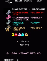 Size: 672x864 | Tagged: safe, artist:anonycat, edit, igneous rock pie, limestone pie, marble pie, pinkie pie, g4, cute, cuteamena, desktop ponies, limabetes, marblebetes, pac-man, pie family, pinkamena diane pie