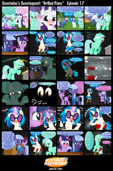 Size: 1600x2427 | Tagged: safe, artist:ajmstudios, amethyst star, berry punch, berryshine, dj pon-3, lyra heartstrings, minuette, rarity, sparkler, twilight sparkle, vinyl scratch, oc, oc:star dusk, g4, comic, interrogation, police, red nosed, scootaquest, sick, sneezing