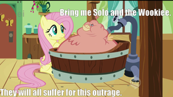 Size: 1920x1080 | Tagged: safe, artist:rainbow-dosh, edit, edited screencap, screencap, fluttershy, philomena, bird, phoenix, pony, a bird in the hoof, g4, bloated, female, image macro, inflation, jabba the hutt, mare, star wars, swollen, tub